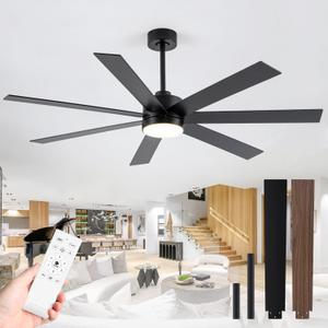 72 inch Large Ceiling Fans with Lights and Remote, 6-Speed Reversible DC Motor, 3 CCT, Dual Finish 7 Blades, Indoor/Outdoor Farmhouse Black Ceiling Fan for Kitchen Living Room Patio