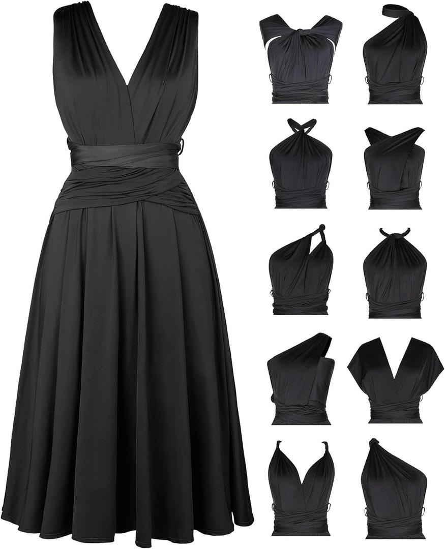 Popilush Bridesmaids Dresses - Mother of Bride Infinity Shapewear Formal Wedding Guest Midi Dress for Women (Black, XL)