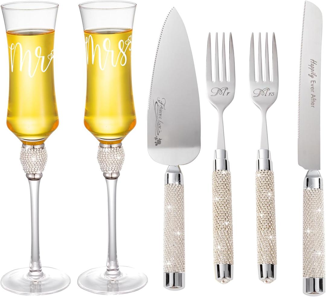 Wedding Cake Knife and Server Set, 6 Pieces Mr and Mrs Champagne Flutes Glasses and Cake Cutting Set for Wedding, Bridal Shower Gifts, Engagement Gifts for Couples (Silver rhinestone)
