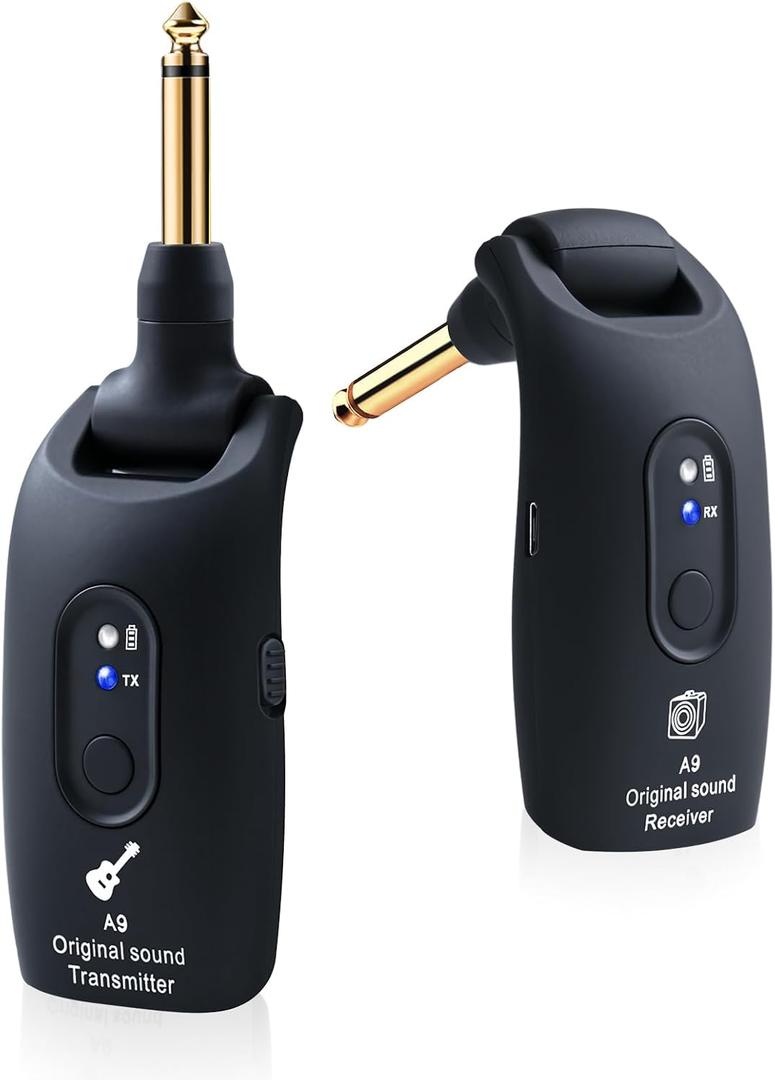 2.4GHz Wireless Guitar System Rechargeable Audio Wireless Transmitter Receiver for Guitar Bass Electric Instruments,Over 30m/100 Feet Transmission,270°Rotatable,4hours Woring Time（A9 Black）