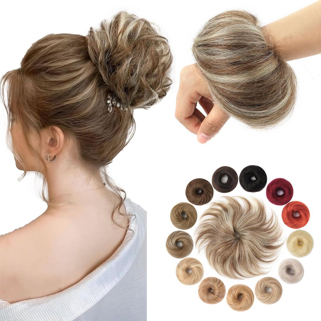 Messy Bun Hair Piece Human Hair Medium Brown Highlighted Bleach Blonde Tousled Stretchy Fluffy Donut Ponytail Extensions for Women(1 Count #p4-613