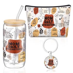 Fullhawl 3 Pcs Christmas Mom Gift Set, New Mom Daily Affirmation Gifts for Women, Daily Affirmations Makeup Bag Positive 16 oz Iced Coffee Cup and Keychain Inspirational for Xmas Birthday