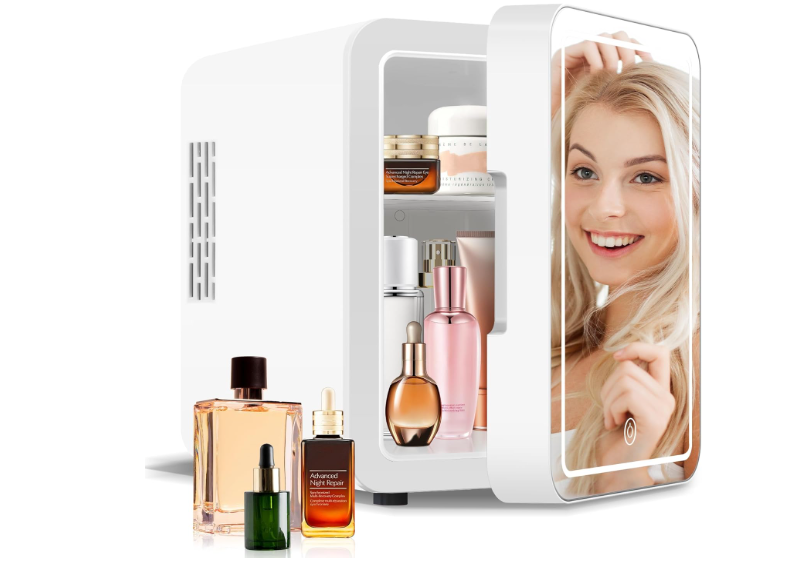 Portable Mini Fridge for Skincare Beauty Cosmetic Makeup, 4-Liter Thermoelectric Cooling and Warming Skin Care Refrigerator With Mirrored Door and Dimmable LED Light, White