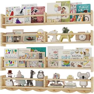 34Inch Nursery Bookshelves,Set of 4,Wall Floating Shelf Kids Coat Rack with 6Hooks,Hanging Book Shelf for Baby Nursery Room Dcor Patent Number: 29958098(Burlywood, 34)