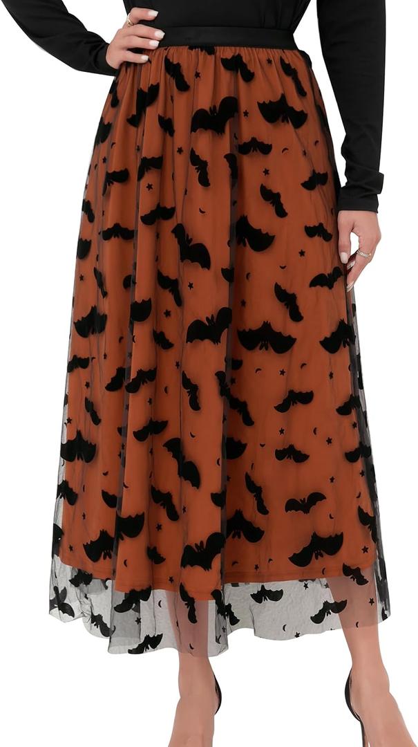 Women Pumpkin Skirt Elastic Waist Layered Mesh Midi Skirt Party Costume (Brown)