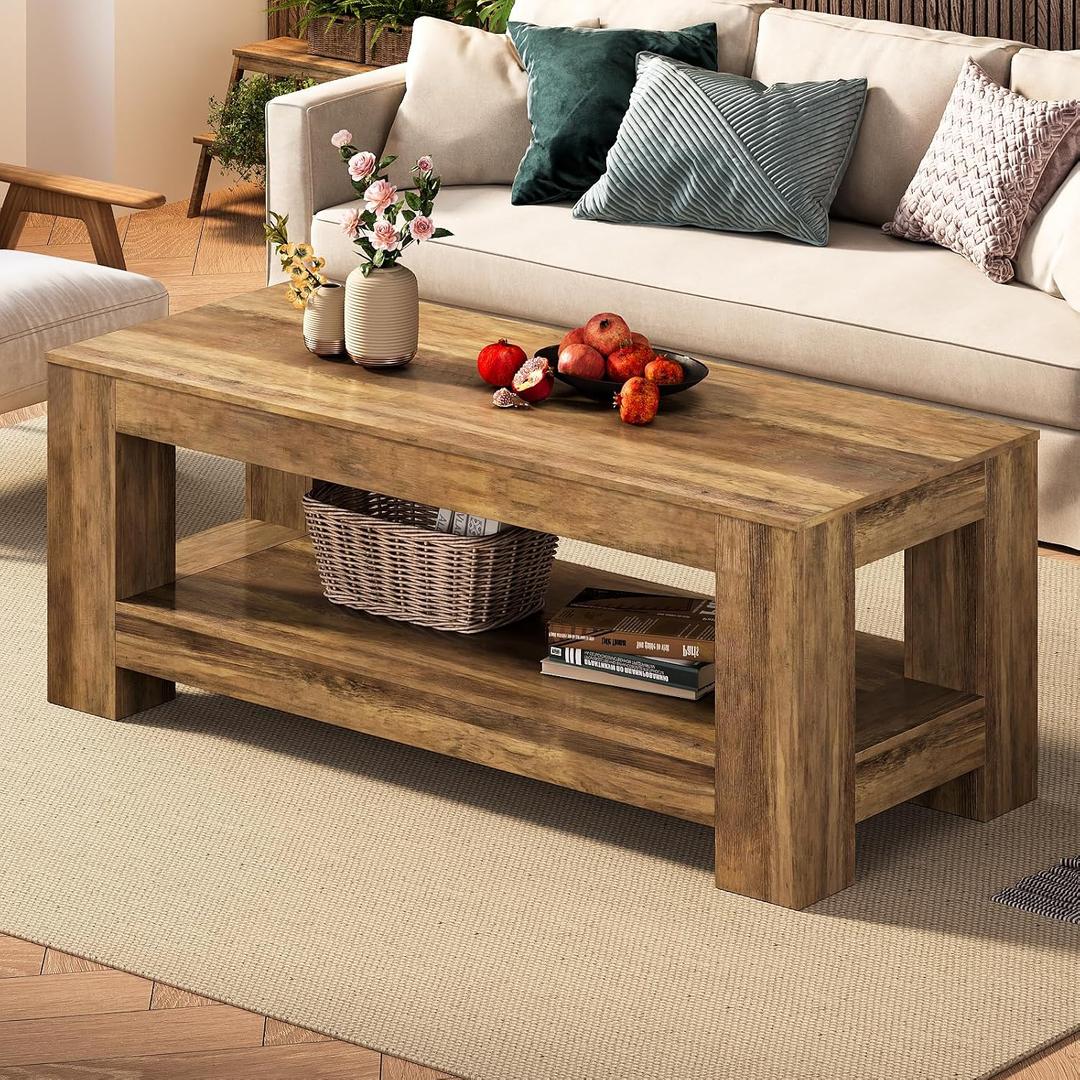 Tohomeor Wood Coffee Table for Living Room, 47.24 Inch Farmhouse Coffee Table with Storage, 2-Tier Accent Center Table with for Home Office Apartment, Retro Brown