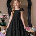 Arshiner Girls Black Dress Double Layer Ruffle Sleeve Off Shoulder Smocked Church Funeral Tween Dresses, Size 14-16