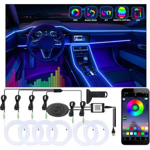 6 in 1 Car Led Strip Lights with App Control, RGB Colors Interior Car Lights, Ambient Led Lighting Kit, 4 Light Flashing Modes, USB Neon Accessories for Doors, Center Console