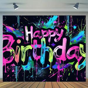 Neon Happy Birthday Banner - 71x43 Photography Backdrops, Party Background Decorations, Colorful Graffiti Splash Paint Kids Birthday Supplies, Glow in The Dark
