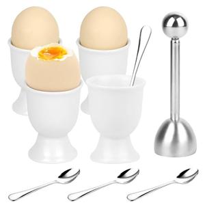 Axigundaone 9 Pcs Egg Cups and Egg Cracker Set, Egg Cracker Set for Soft Hard Boiled Eggs, Egg Cracker Topper Kits 1 Stainless Steel Egg Topper Cutters 4 Stainless Steel Spoons 4 Ceramic Egg Cup
