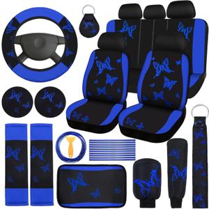 BBTO 43 Pcs Butterfly Car Seat Full Set Butterfly Car Accessories for Women 5 Front Rear Seat Covers Wrist Strap 2 Pcs Cup Mat Armrest Pad 2 Belt Xmas Cover Accessories for SUV(Blue, Black)