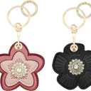 2 Pack Hidden Keychain Holder for Airtag 2nd & 1st - Cute Leather Key Ring Case Cover for Women - Black&Pink Flower