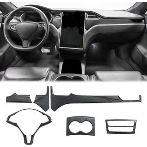 Carbon Fiber Interior Trim Cover Kit Compatible with 20122020 Tesla Model S & 20162020 Model X Steering Wheel Cover, Dashboard Cover, Cup Holder Cover, Air Vent Cover Interior Accessories