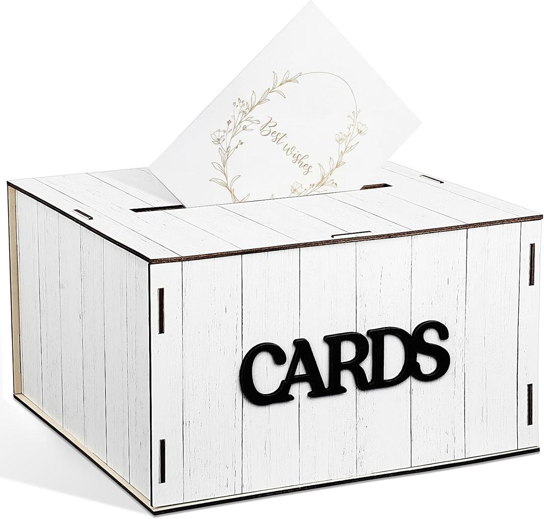 Capoda Wooden Wedding Card Box Gift Card Box with Slot for Wedding Reception Birthday Anniversary Retirement Bridal Shower Baby Shower Graduation Party Decorations(Rustic,White)