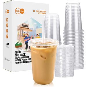 Turbo Bee 100 Pack - 16 OZ Round Bottom Plastic Cups with Lids and Straws, Disposable Clear Iced Coffee Cups with Lids for Cold Drinks and Beverages