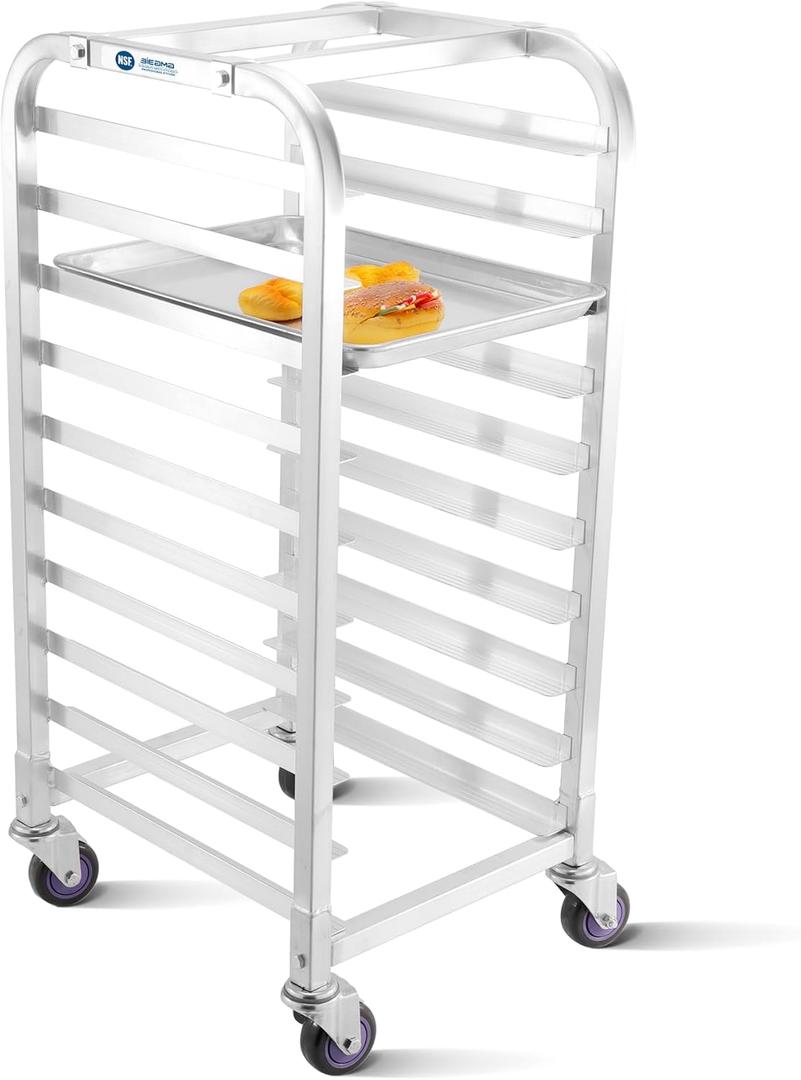 BIEAMA 10-Tier Half Sheet Pan Rack, NSF Bun Pan Rack, Aluminum Bakery Rack, Commercial Kitchen Bakery Cooling Rack, Speed Rack with 4 Wheels for 18" x 13" Sheet Pan