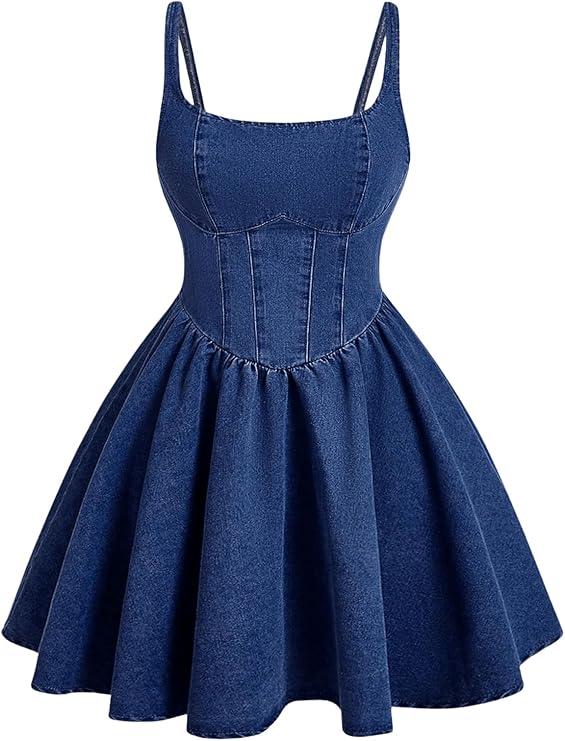 WDIRARA Women's Casual Square Neck Denim Dress Ruffle Hem A Line Mini Dress (XL, Dark Wash)