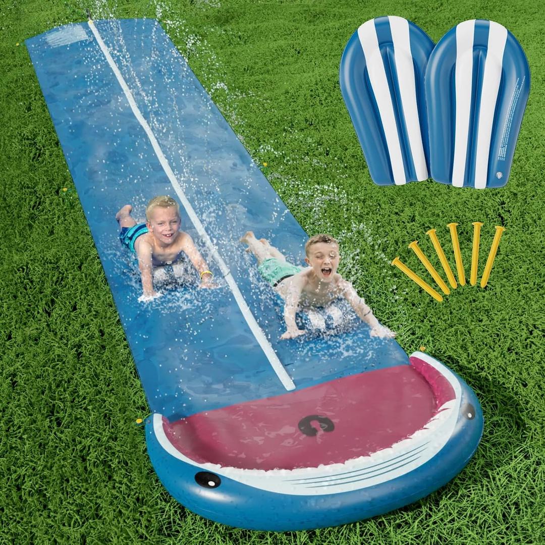 Jasonwell Slip and Water Slide - 20Ft Heavy Duty Lawn Slip Waterslide for Kids Adults with Splash Sprinkler N 2 Bodyboards Backyard Summer Outside Outdoor Water Play Toys (Shark-2Lanes)