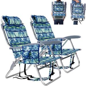 Backpack Beach Camping Chairs with 8 Positions Lay Flat, 2 Pack Folding Beach Chair with Adjustable Headrest, Pouch, Cup Holder for Outdoor Lawn Picnic, Support 300LBS(Coconut Tree Blue & Cyan)