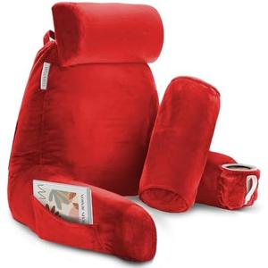 Clara Clark Reading Pillow, Large Back Pillow for Sitting Up in Bed, Memory Foam Back Support Pillow, Reading Pillows for Sitting in Bed Adult, Red Sit Up Pillow for Bed Chair with Arms and Pockets