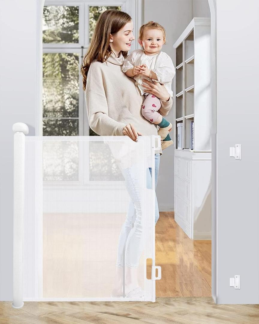 55” 0-140 CM Retractable Stair Gate for Babies and Pets, 85 CM Tall Stair Gates for Dogs, Silent One-handed Operation, Retractable Baby Gate for Hallways, Stairs, Indoor and Outdoor, White