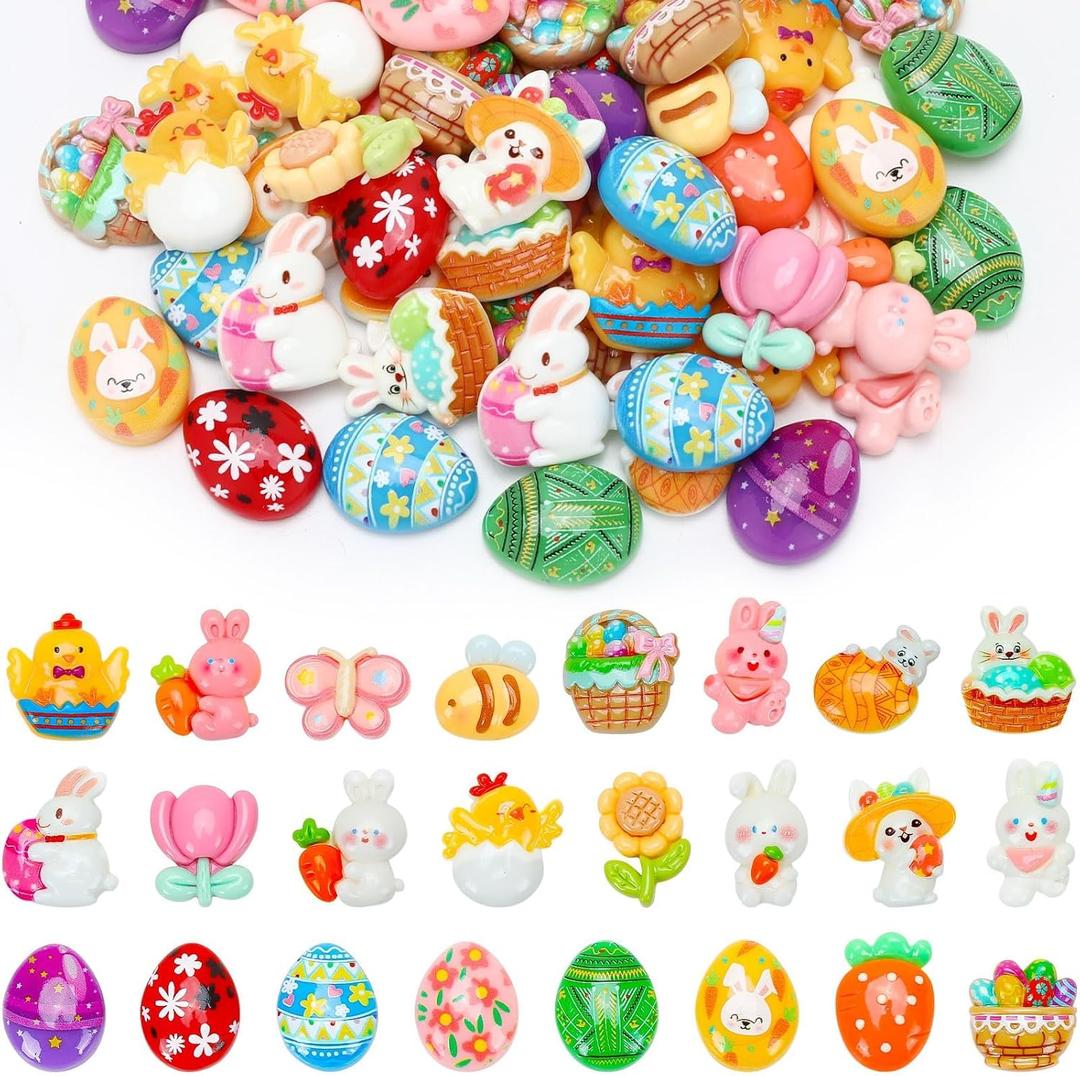 60 Pcs Mini Easter Resin Charms,Tiny Egg Bunny Flatback Charms Figurines 24 Unique Designs for Easter Basket Stuffers Spring Decor DIY Craft Making