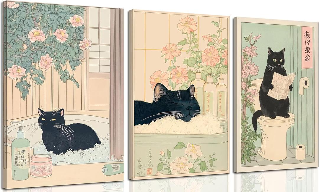 3Pcs Funny Japanese Bathroom Cat Wall Art Cute Animal Painting Picture Wall Decor Cats Lovers Prints Poster Print Artwork for Bathroom Toilet Home Decoration Framed (16"L x 12"W, Canvas)