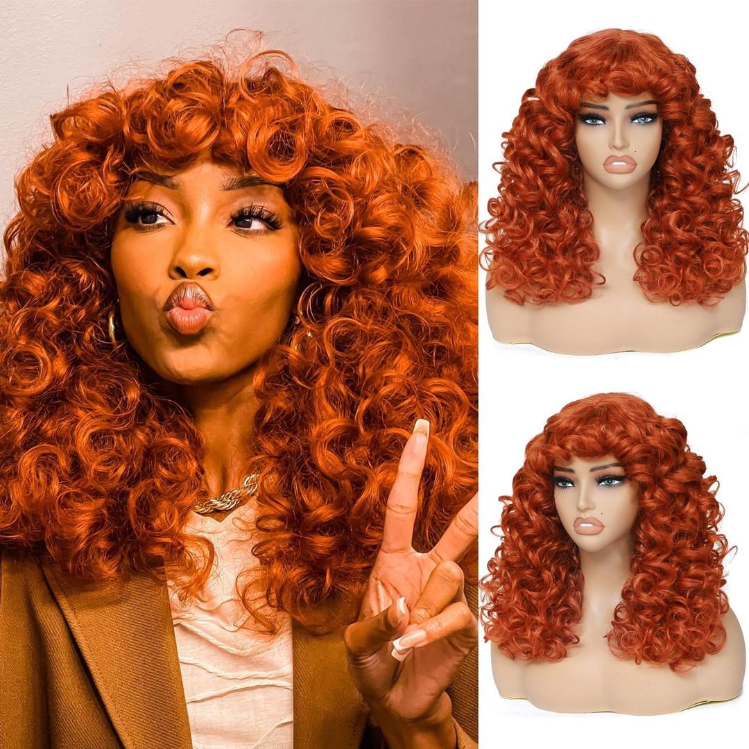Curly Wig with Bangs, 20 Inch, Ginger, Synthetic Hair, Heat Resistant, Modern Style, Female, 22.5 Inch Cap Size, Curly Wig with Bangs for White & Black Women, Cosplay & Daily Use Curly Wig with Bangs, 20 Inch, Ginger, Synthetic Hair, Heat Resistant, Modern Style, Female, 22.5 Inch Cap Size, Curly Wig with Bangs for White & Black Women, Cosplay & Daily Use