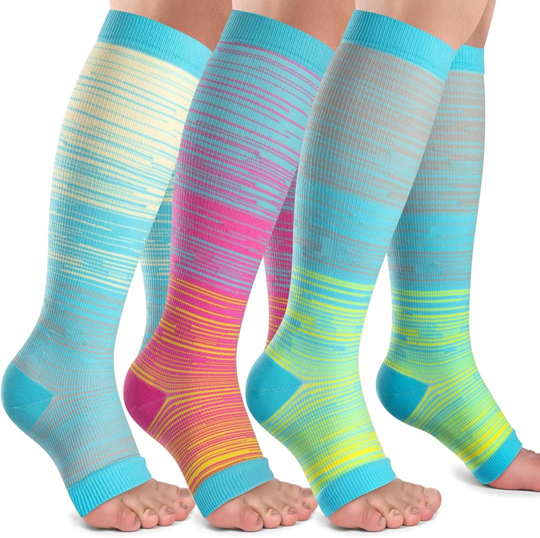 Open Toe Compression Socks Women & Men-3 Pairs 20-30 mmHg Knee High Stockings for Circulation Support (Small-Medium)