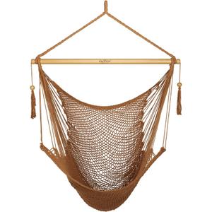 JoyView Hammock Chair with Spreader Bar Caribbean Hammock Swing Chair 300 LBS Weight Capacity XL Rope Hanging Chair for Outdoor Indoor Garden Yard - Brown