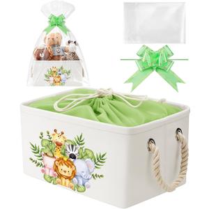 Pickmesh Baby Shower Storage Basket with Gift Bags Rectangular Ribbons Collapsible Canvas Storage Bin with Handles for Diaper Organizing Toy Home DIY Gift Basket, 13 x 9. 1 x 7. 1 Inch(Jungle Theme)