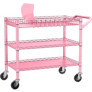 NTE Utility Cart with Wheels, 990lbs Capacity Metal 3 Tier Rolling Carts, NSF Kitchen Carts On Wheels with Storage, Heavy Duty Utility Cart with Handle & Wire Shelf for Indoor & Outdoor Use, Pink