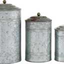 Deco 79 Metal Living Room Decorative Jars Galvanized Ribbed Decorative Container with Gold Ball Knobs, Set of 3 Jar with Lid 12", 9", 8"H, Gray