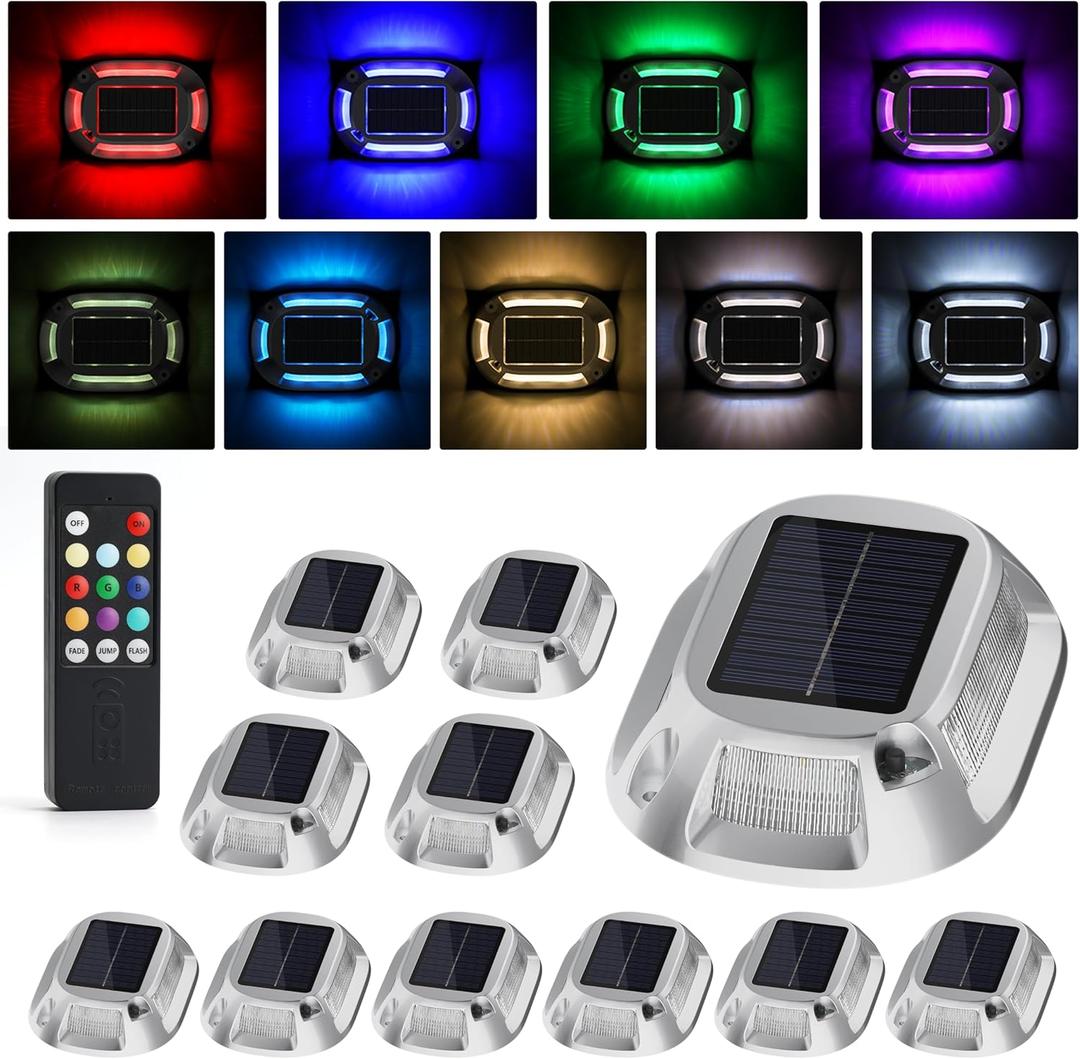 VOLISUN Solar Driveway Lights Dock Deck Lights with Remote 12 Pack,9 Colors in 1 Led IP67 Waterproof Outdoor Warning Step Lights for Driveway Sidewalk Pathway RGB