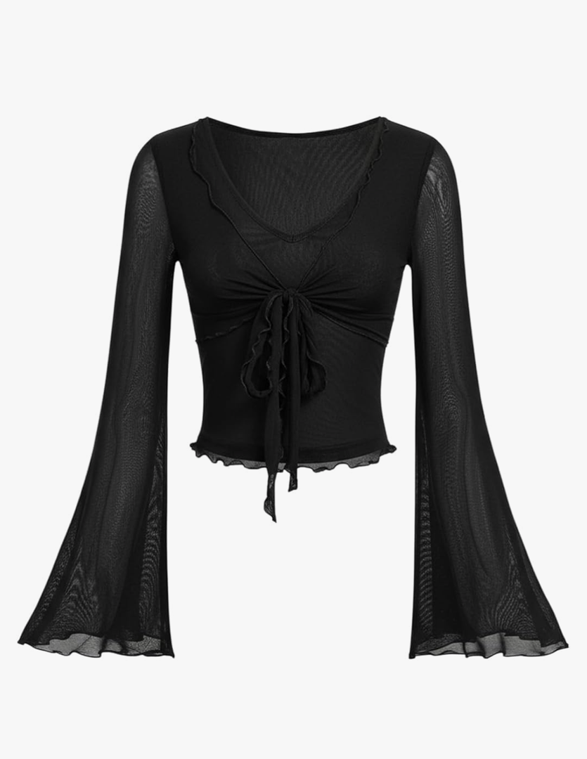 GORGLITTER Women's Tie Front Long Bell Sleeve Tops Ruched V Neck Sheer Mesh Tops S