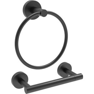 RARXTR Matte Black Toilet Paper Holder & Towel Ring SUS304 Stainless Steel 2pc Bathroom Hardware Set with Double Post Pivoting Toilet Paper Roll Holder Wall Mount & Bathroom Towel Holder Set