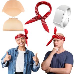 Crowye 2 Set Halloween Makeup Bald Cap and Hairnet with Head Scarf Ring Costume Set for Adults Cosplay Costume Party (Red)