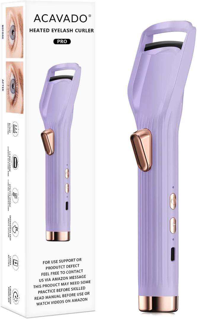 Heated Eyelash Curler - Fast Heat up in 8s - 24 Hours Long Lasting - Rechargeable Electric Eyelash Curler with Type-C, 2 Heat Modes, Anti-Burn Eyelid, Purple-C