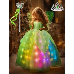 Princess Dresses for Girls, Lights RGB Music Sync Halloween Costume with App Control Remote, Cosplay Dress Up Clothes for Girls & Accessories Green Fairy Dress Princess Ball Gown Kids