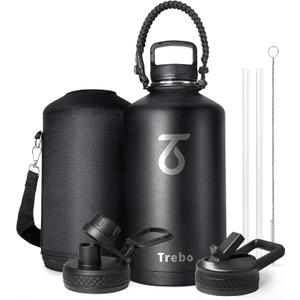 Trebo One Gallon Water Bottle Insulated with Paracord Handle,128oz Large Vacuum Double Wall Stainless Steel Insulated Jug with Straw Spout Handle Lids, Leakproof Keep Cold & Hot,Black