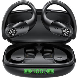 Wireless Earbuds Bluetooth Headphones 96H Playtime LED Display Waterproof Built in Mic Deep Bass Sound Secure Over Ear buds Earhooks for iPhone Android Samsung Cell Phones Sport Running Workout Gaming (Black)