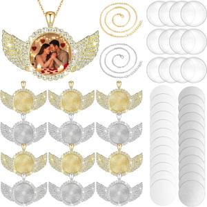 Hicarer 60 Pcs Sublimation Angel Wing Jewelry Blanks Set Rhinestone Bezel Pendant Trays Gold and Silver Sublimation Necklace Blank with Chain for DIY Making Crafts Wedding Gifts