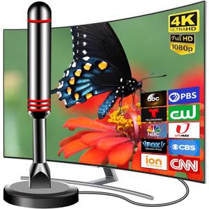 TV Antenna for Smart TV Indoor, 2024 Newest Antenna with Strong Magnetic Base, 360&Long Range Reception TV Antenna for Local Channels, Easy Setup Antenna for TV Without Cable (Black+Red)