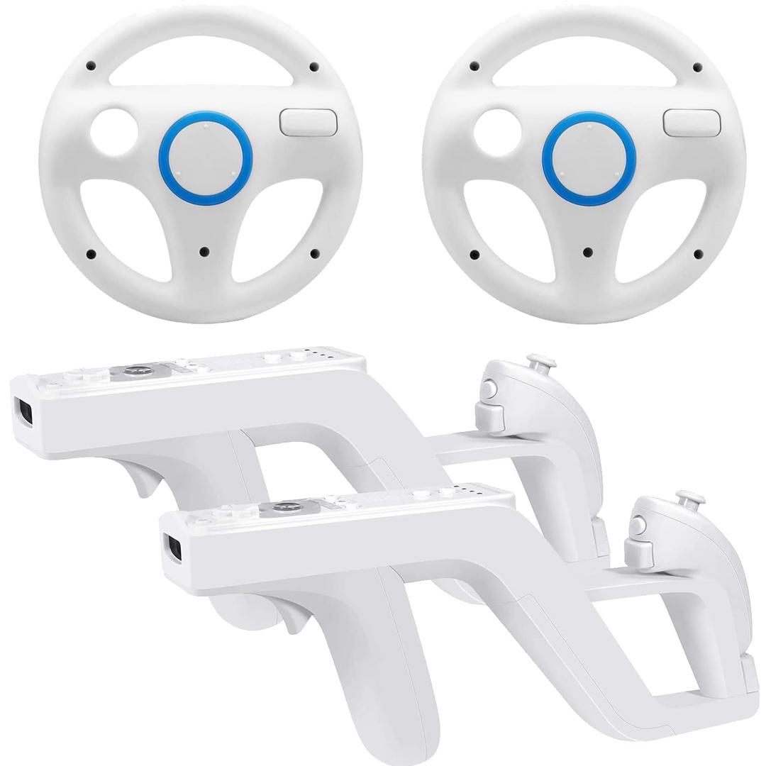 Arrocent Steering Wheel and Zapper Set Compatible with Wii Wii U Remote (Pack of 2, White)