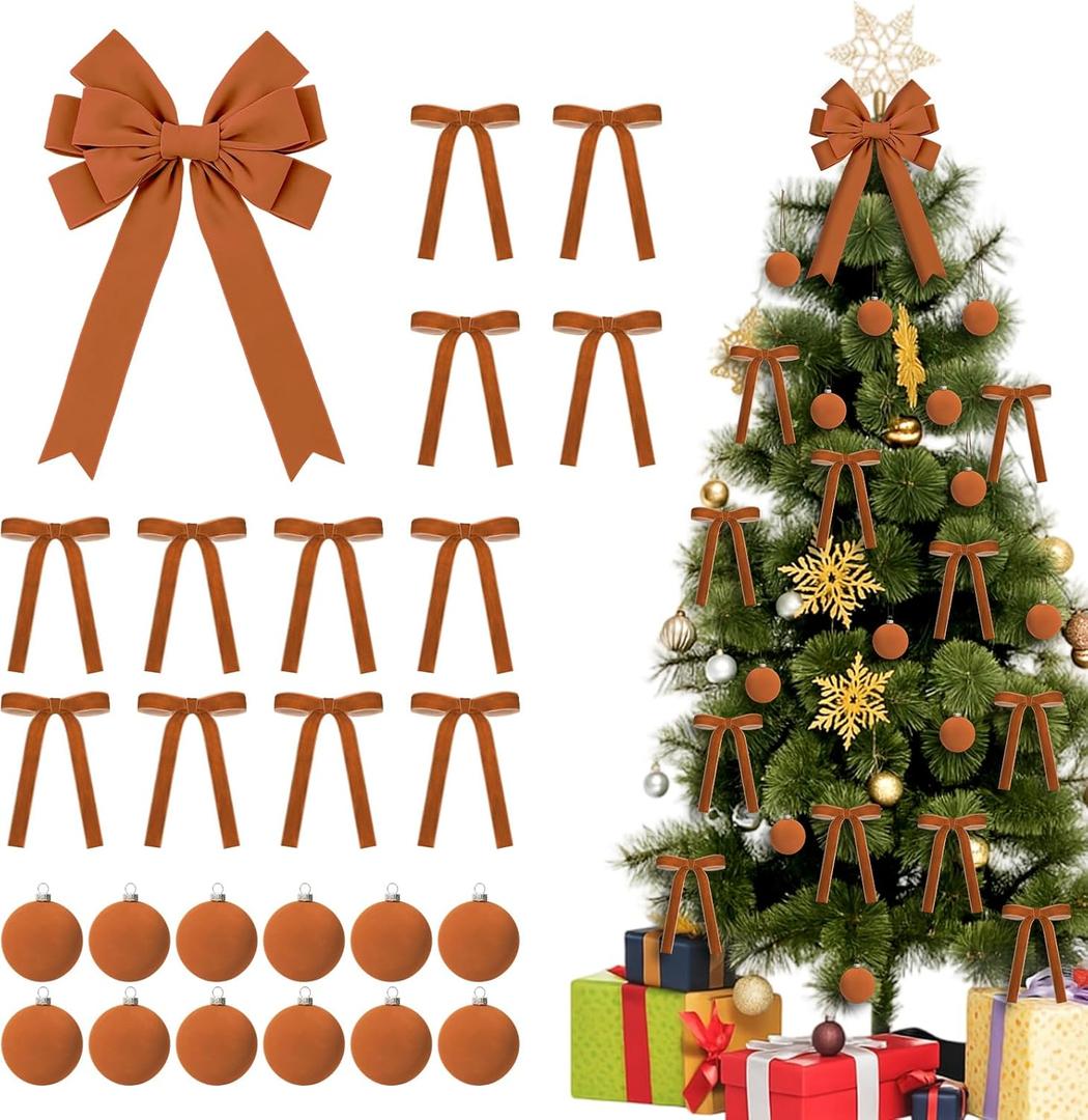 25 Pcs Camel Velvet Tree Topper Christmas Ornaments Include Large Christmas Bows Tree Topper 12 Xmas Velvet Balls 12 Camel Bows for Xmas Holiday Door Fireplace Wall Party Decor