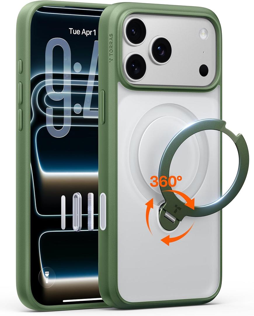 TORRAS Ostand Q3 Spin for iPhone 17 Pro Case with 360 Magnetic Stand, Fit for MagSafe, Built-in Kickstand, 4X Military-Grade Shockproof Phone Case for iPhone 17 Pro, Camera Control, Alpine Green