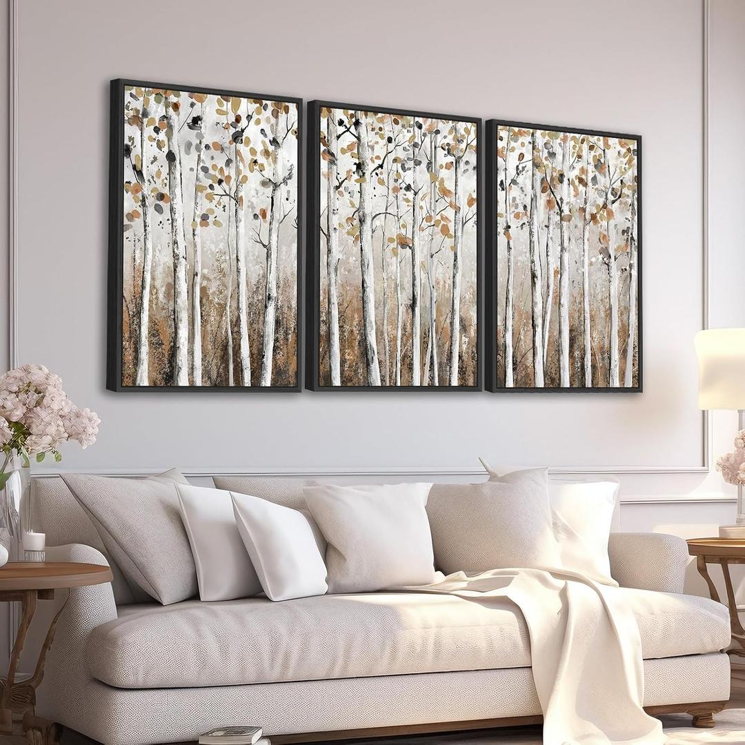 Large Framed Tree Wall Art - Abstract Forest Wall Decor 32"x48" Set of 3 Aesthetic Autumn Birch Painting Prints Modern Brown Plant Canvas Pictures for Living Room Bedroom Office Artwork, 32"x48"x3 Framed
