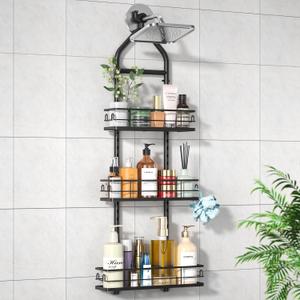 3 Tier Hanging Shower Head Caddy, Adjustable Hanging Shower Caddy Over Showerhead, No Drilling Handing Racks Rustproof for Bathroom Shampoo Soap Storage