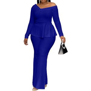 Aro Lora Womens Sexy 2 Piece Outfits One Off Shoulder Long Sleeve Slit Peplum Top and Flare Pant Suit Set (XX-Large, Royal Blue)