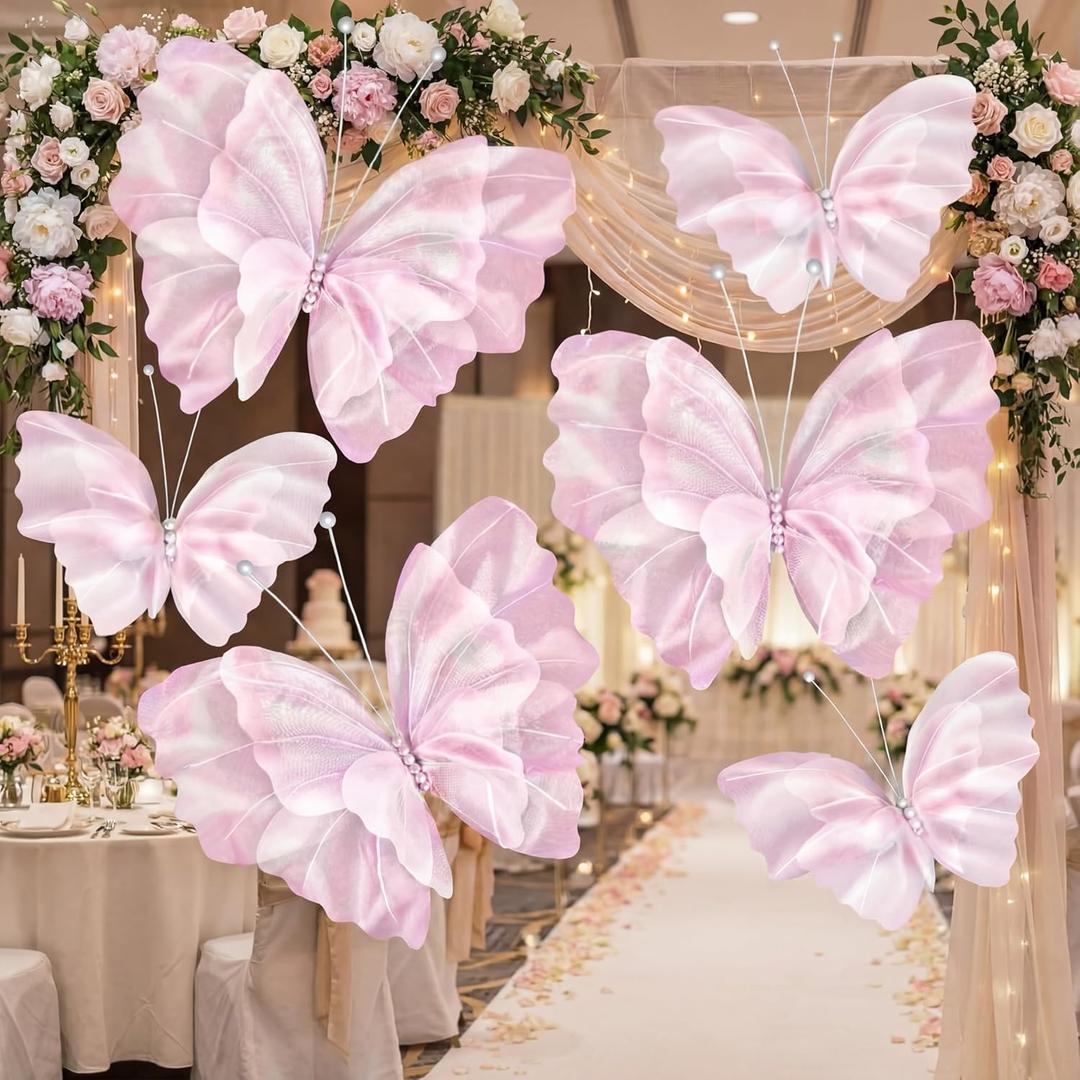 Geelin 6 Pcs Large Pink Butterfly Decorations Mariposas Grandes para Decoracion Big Butterfly Party Decor 20 Inch 12 Inch 3D Silk Butterflies for Baby Shower Women Birthday Party Wedding Decor